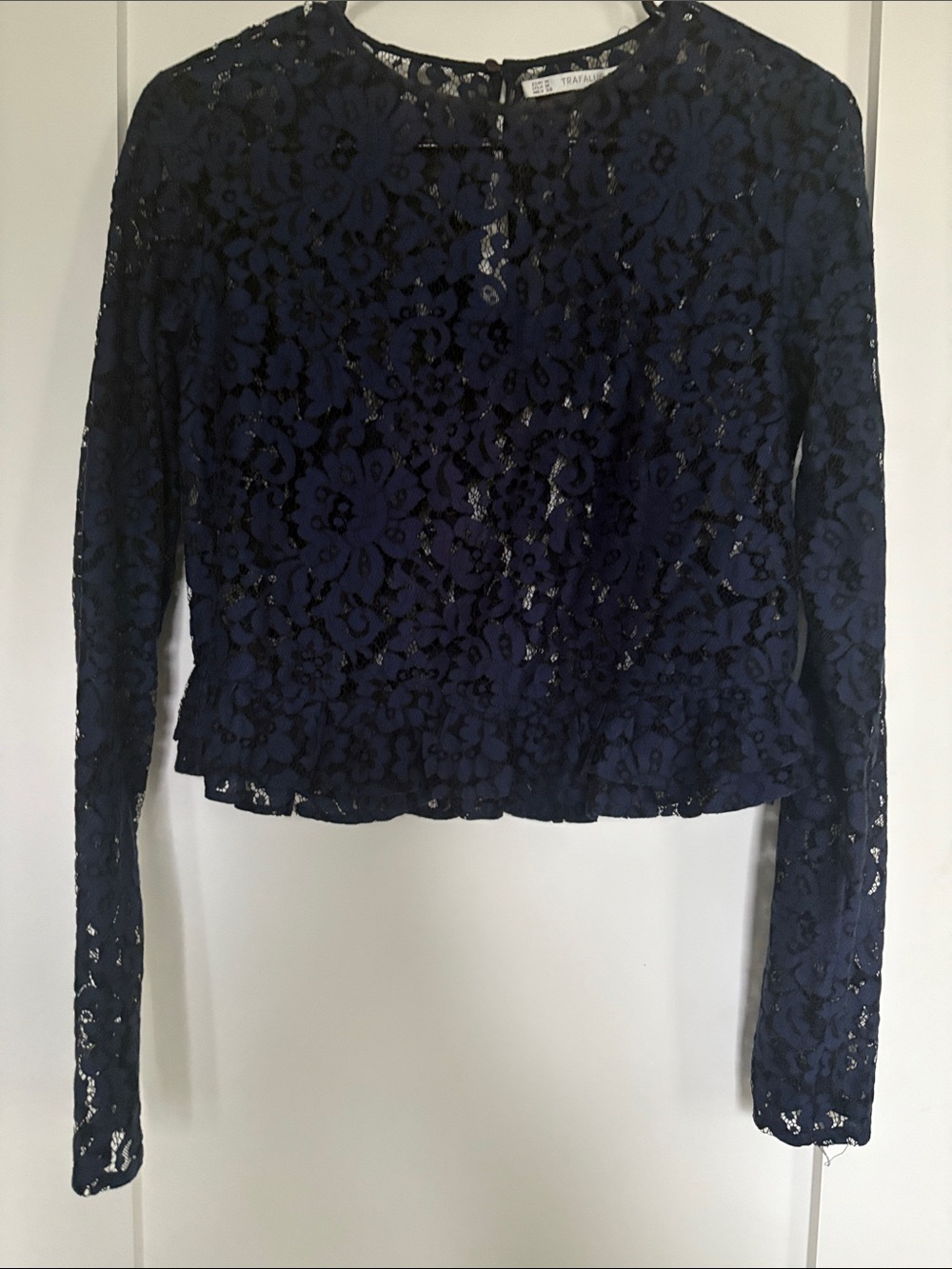 Zara Dark Navy Floral Lace Long-Sleeve Crop Top